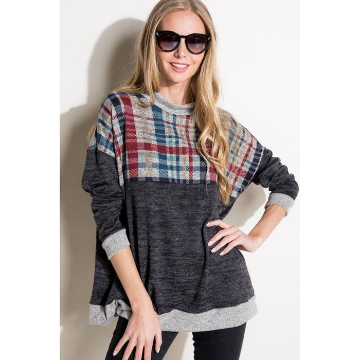 Plus Solid Plaid Mock Neck Top