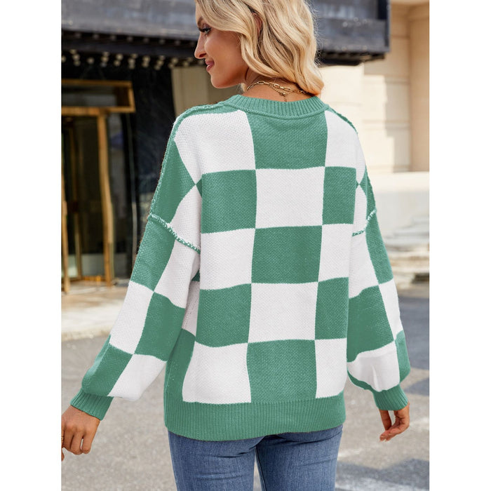 Checkered Round Neck Long Sleeve Sweater