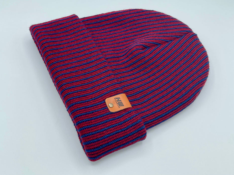 HAAKWEAR Cuffed Wide Ribbed Striped Beanie, Limited Edition, Blue/Maroon, Made in USA