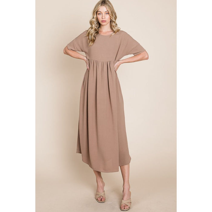 BOMBOM Round Neck Ruched Midi Dress