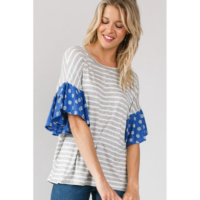 POLKA DOT STRIPE RUFFLE SLEEVE TOP