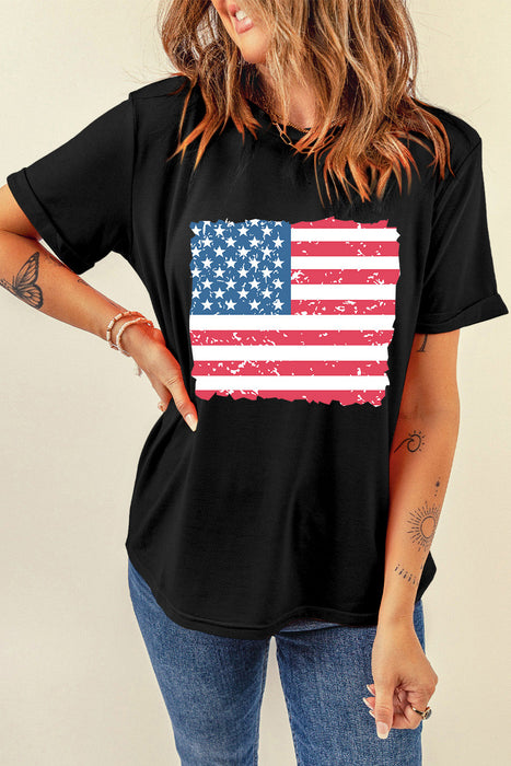 US Flag Round Neck Short Sleeve T-Shirt in Black