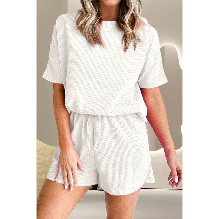 Round Neck Short Sleeve Top and Drawstring Shorts Set