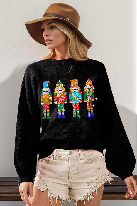 Full Size Sequin Nutcracker Long Sleeve Sweater