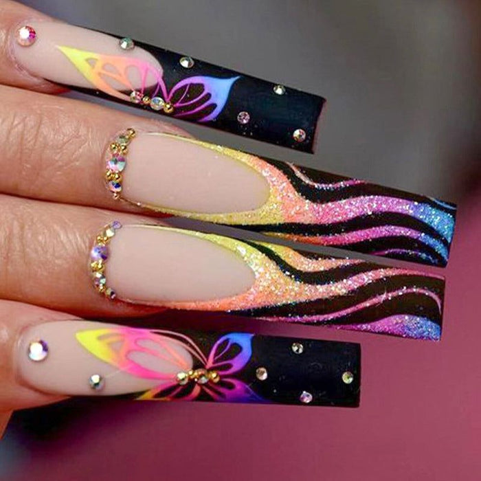 Press-on Nails Black Colorful Waves