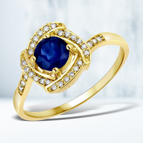 Bids.com 0.73 Carat Genuine Blue Sapphire and White Diamond 14K Yellow Gold Ring Rings