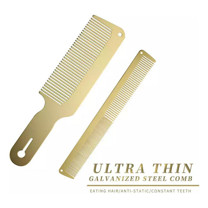 Professional Metal Styling Cutting Comb And Flat Top Clipper Comb Set Gold Color + Fade Brush