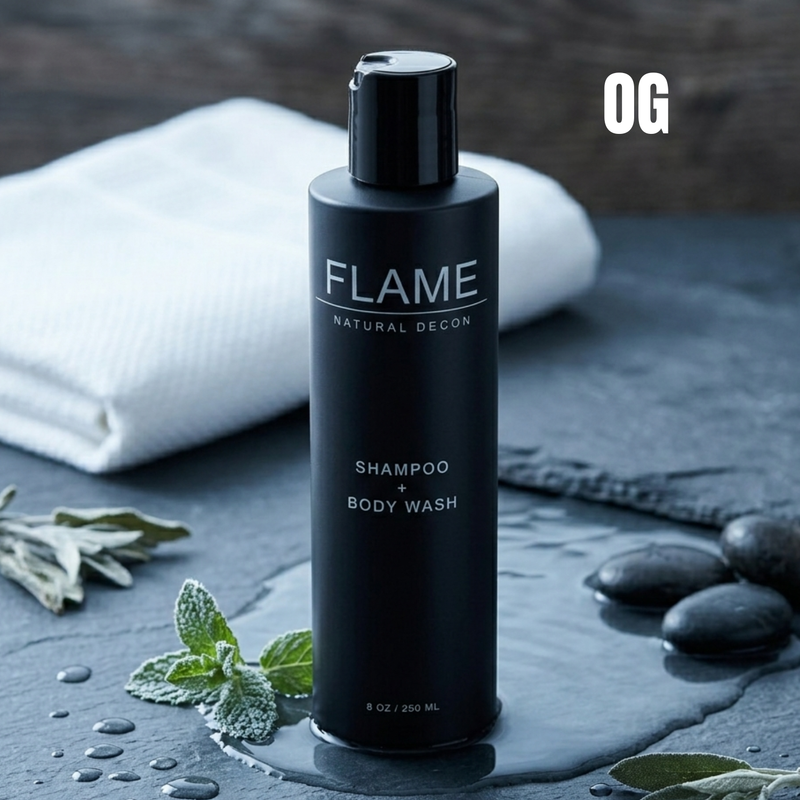 FLAME Natural Decon Shampoo + Body Wash Black OG / 8 oz Bottle,OG / 64 oz Bottle,OG / 0.5 oz Single Use Pack,Riptide / 8 oz Bottle,Conifer / 8 oz Bottle,Unscented / 8 oz Bottle