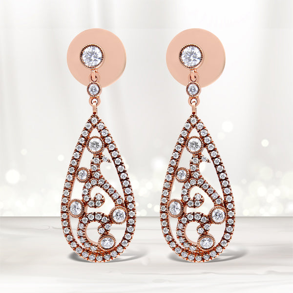 Bids.com 18K Rose Gold 1 1/4 Cttw Diamond Teardrop Shaped Drop and Dangle Screw Back Stud Earring (F-G Color, VS1-VS2 Clarity) Earrings