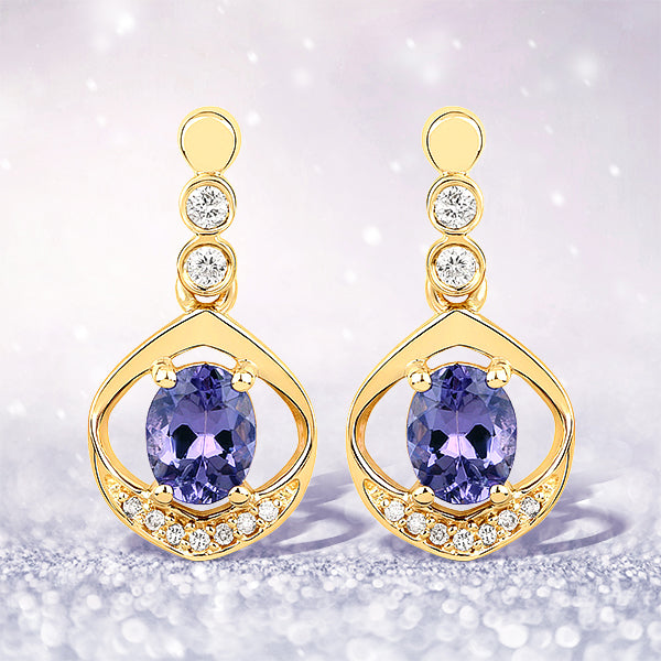 Bids.com 0.76 Carat Genuine Tanzanite and White Diamond 14K Yellow Gold Earrings Earrings