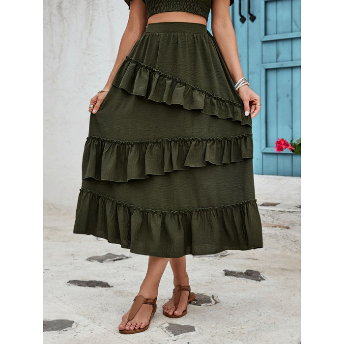 Ruffled Elastic Waist Midi Skirt