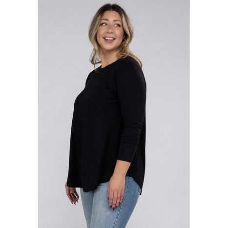 Plus Long Sleeve Round Neck Round Hem Top