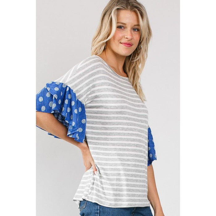 POLKA DOT STRIPE RUFFLE SLEEVE TOP