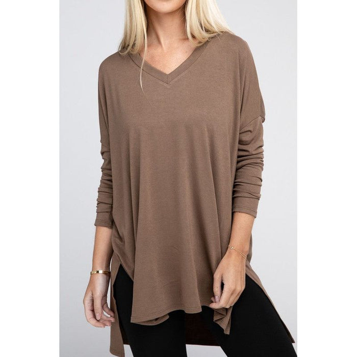 Dolman Long Sleeve V-Neck Side Slit Hi-Low Hem Top