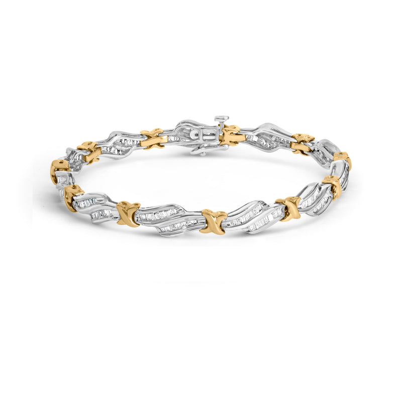 Bids.com 10k Two-Toned Gold 2.00 Cttw Channel Set Baguette-Diamond Weave and  "X" Spiral Link Bracelet (H-I Color, I1-I2 Clarity) - 7" Bracelets