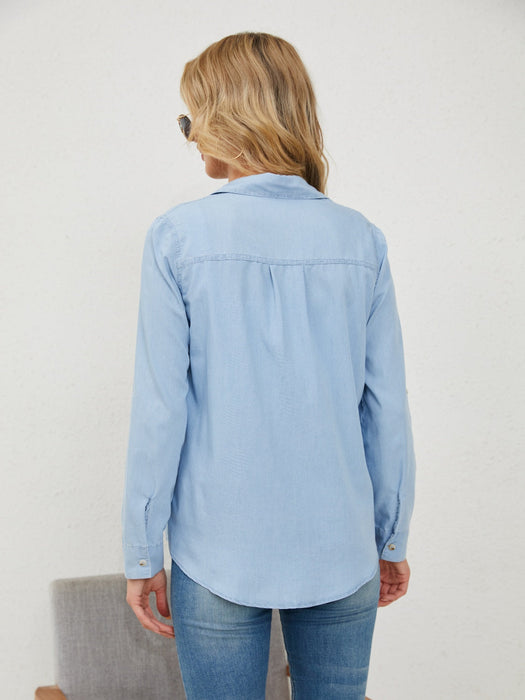 Pocketed Button Up Long Sleeve Denim Shirt