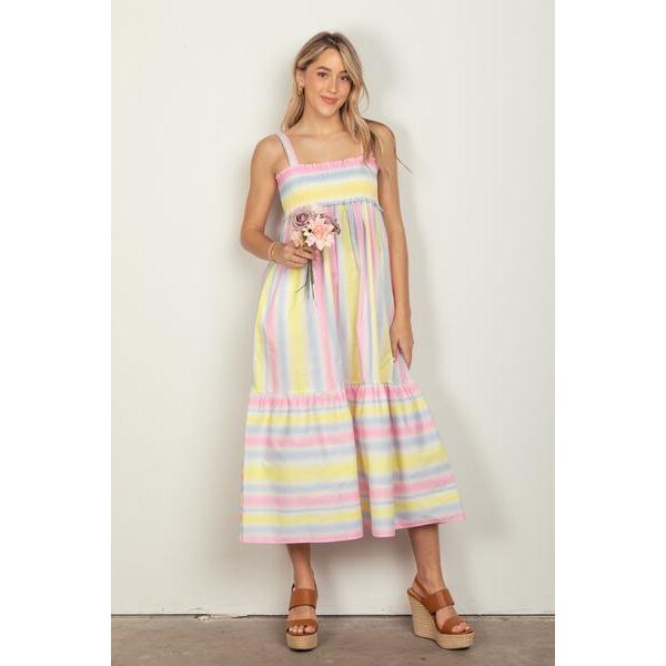 VERY J Striped Woven Smocked Midi Cami Dress