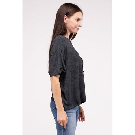 Washed Ribbed Cuffed Short Sleeve Round Neck Top