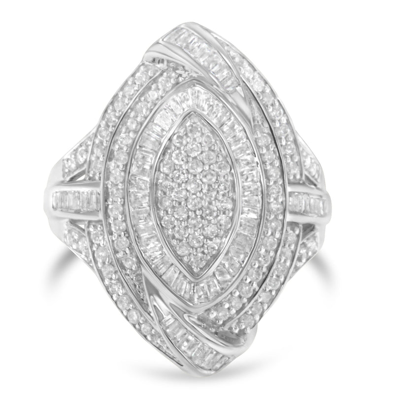 Bids.com .925 Sterling Silver & 1-1/8 Cttw Diamond Marquise Shaped Cluster Triple Halo Knot Cocktail Fashion Ring (I-J Color, I2-I3 Clarity) - Size 6 Rings