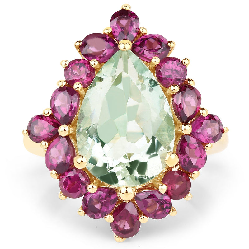 Bids.com 14K Yellow Gold Plated 7.21 Carat Genuine Green Amethyst and Rhodolite .925 Sterling Silver Ring Rings