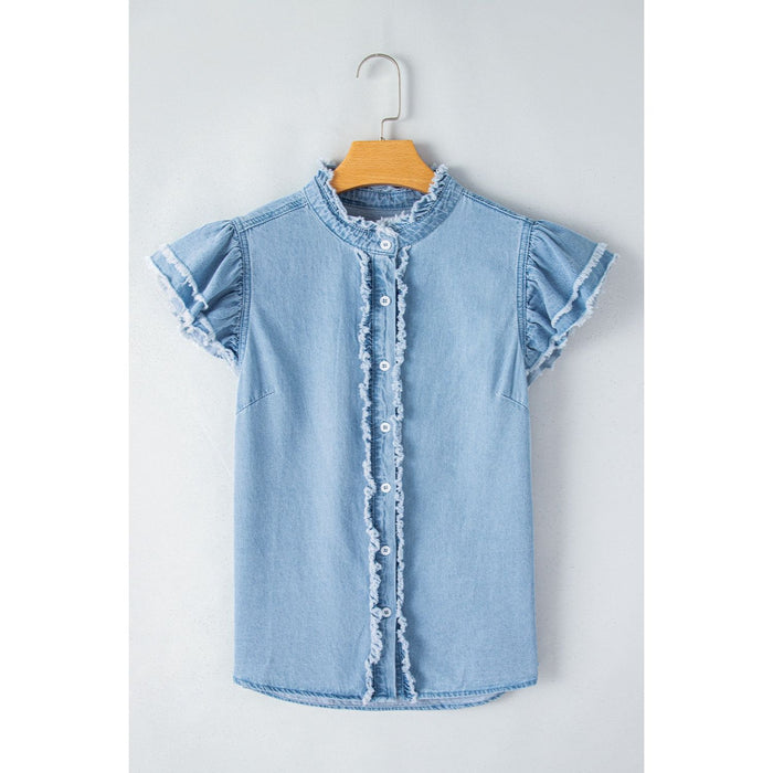 Raw Hem Button Up Cap Sleeve Denim Top