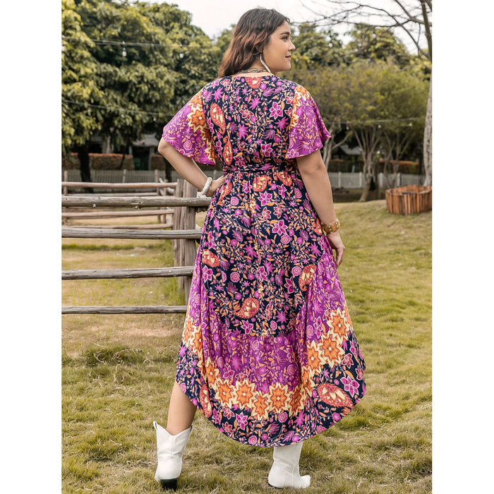 Plus Size Printed V-Neck Flutter Sleeve Midi Dress