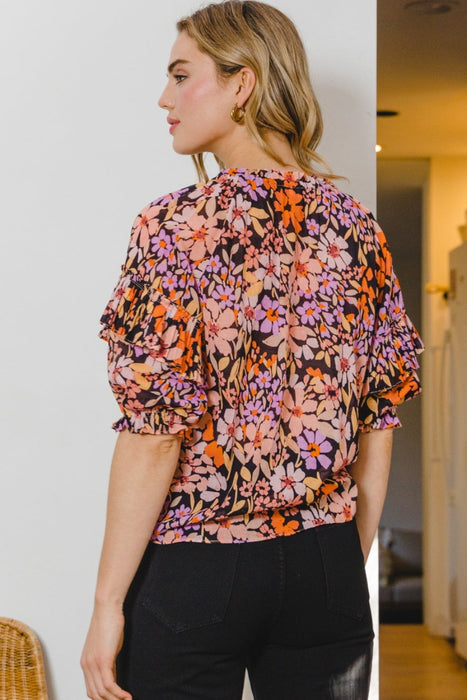 ODDI Floral Tie Neck Ruffled Blouse