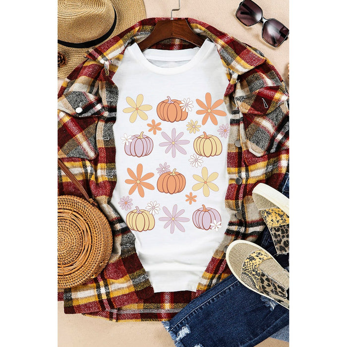 Pumpkin & Flower Round Neck Short Sleeve T-Shirt