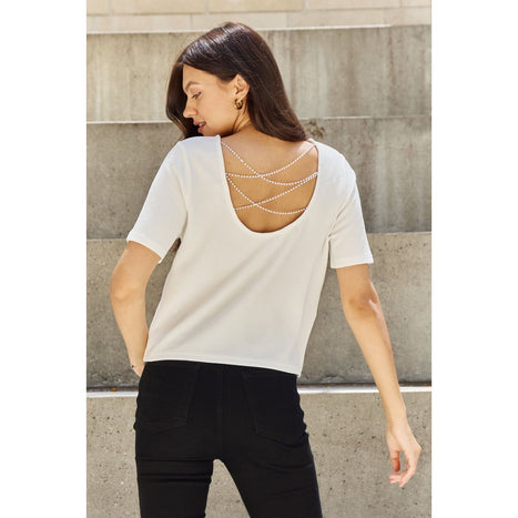 And The Why Pearly White Criss Cross Pearl Detail Open Back T-Shirt