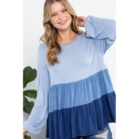 COLOR BLOCK RUFFLE TIERED SWING TOP