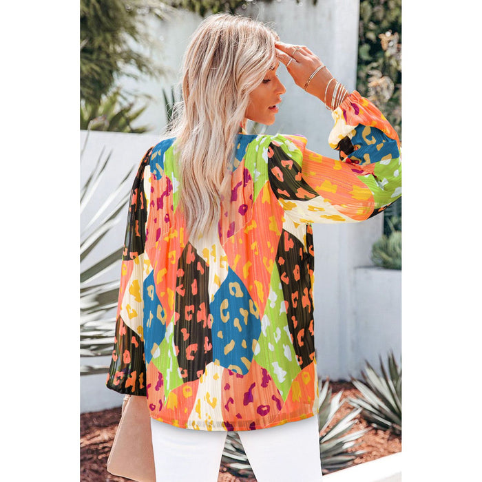 Printed Notched Long Sleeve Blouse