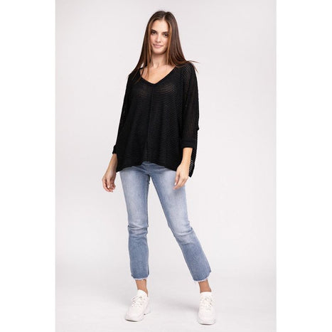 3/4 Sleeve V-Neck Hi-Low Hem Jacquard Sweater