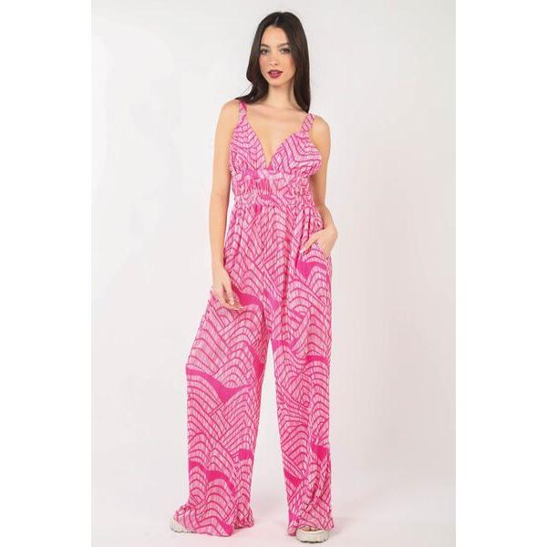 VERY J Printed Pleated Sleeveless Wide Leg Jumpsuit