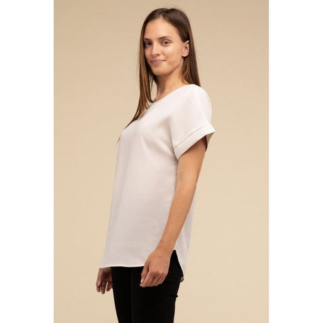 Woven Heavy Dobby Rolled Sleeve Boat Neck Top