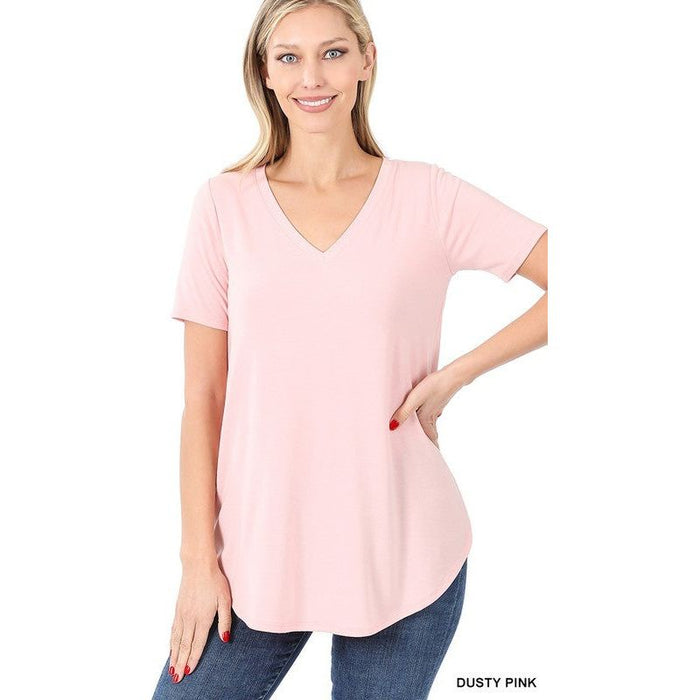 Short Sleeve V-Neck Round Hem Top