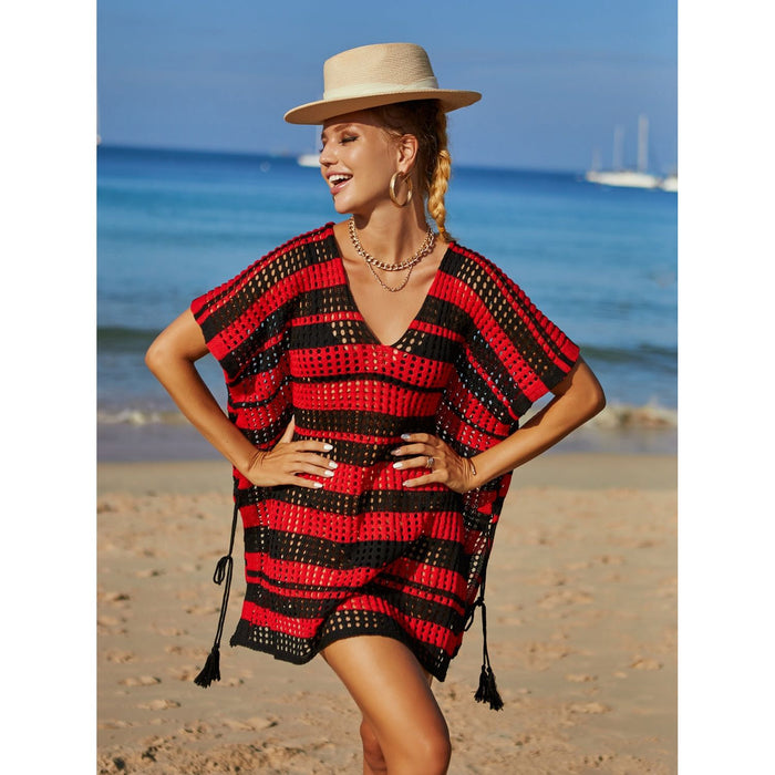 Tassel Openwork Striped V-Neck Cover Up