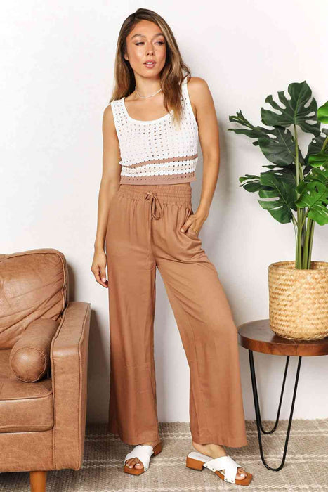 Double Take Drawstring Smocked Waist Wide Leg Pants by VYSN