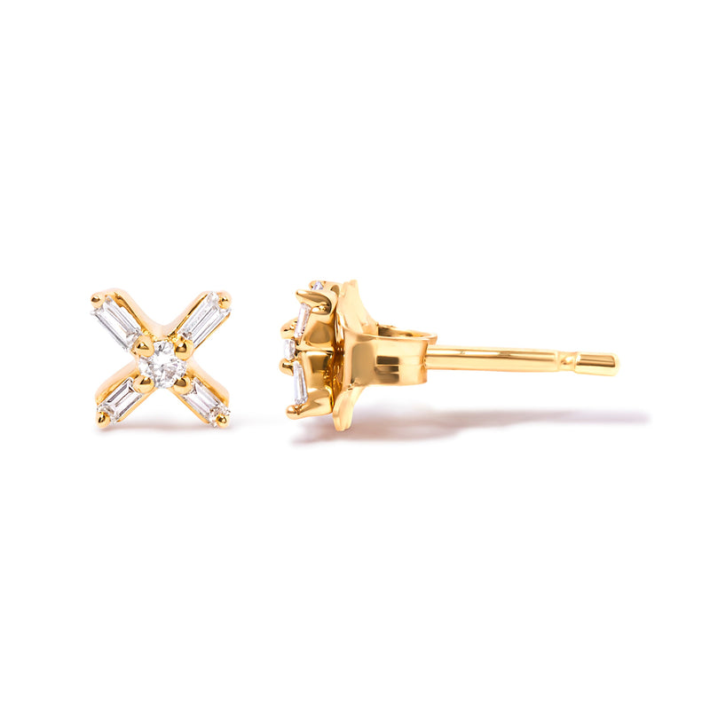 Bids.com 10K Yellow Gold 1/10 Cttw Round and Baguette Diamond Criss Cross X Stud Earring (H-I Color, I1-I2 Clarity) Earrings
