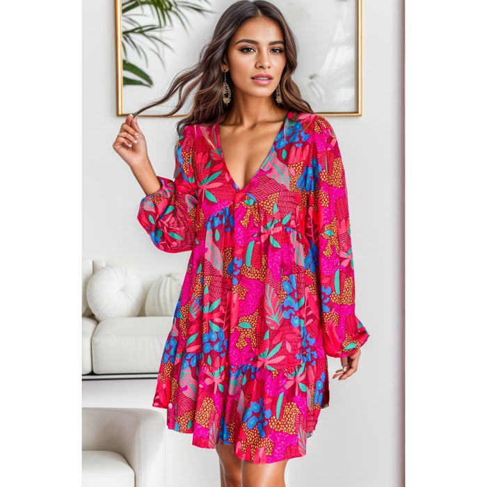 Printed Balloon Sleeve Mini Dress in Deep Rose