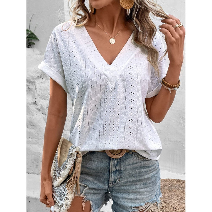 Eyelet V-Neck Short Sleeve Blouse