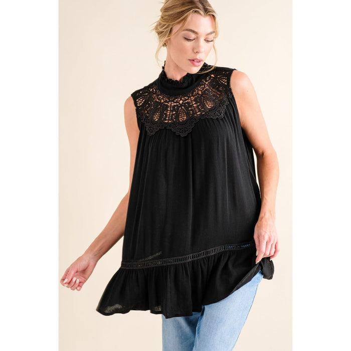 Lace Detail Sleeveless Ruffled Top