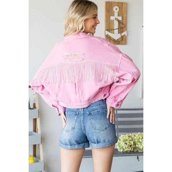 Veveret Fringe Distressed Button Up Denim Jacket