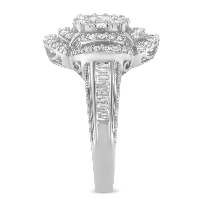 Bids.com 14K White Gold 1.0 Cttw Round & Baguette Cut Diamond Floral Cluster Quatrefoil Channel Set Band Cocktail Statement Ring (H-I Color, SI2-I1 Clarity) - Size 6-3/4 Rings