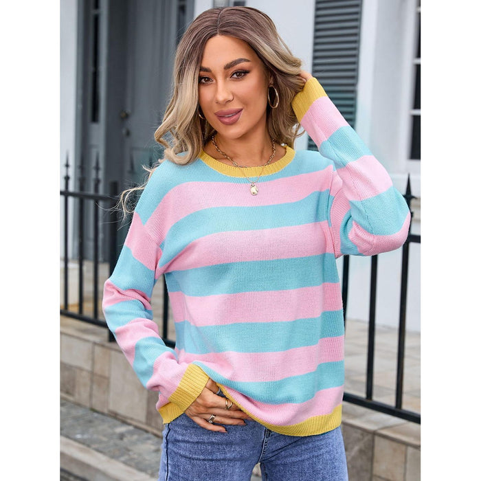 Striped Round Neck Dropped Shoulder Sweater