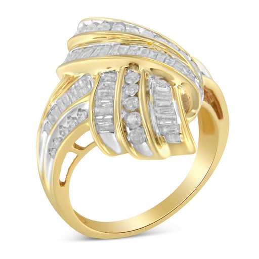 Bids.com 10K Yellow Gold Plated .925 Sterling Silver 1.0 Cttw Round & Baguette Diamond Knot Channel Statement Ring (I-J Color, I2-I3 Clarity) - Size 6 Rings