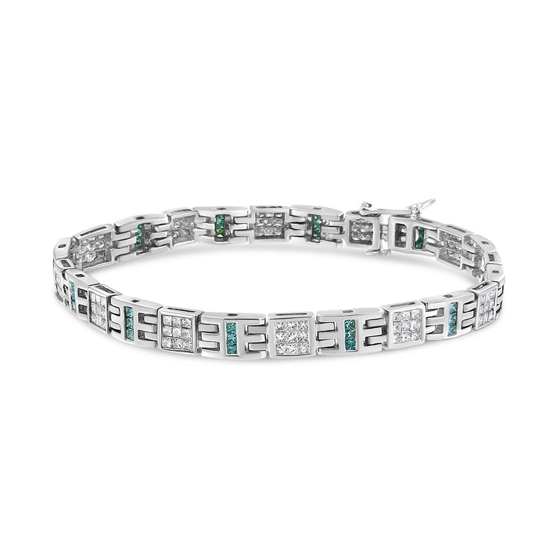 Bids.com 14K White Gold Princess-Cut white and Blue Diamond 3.00 cttw Fashion Link Bracelet (H-I Color, SI1-SI2 Clarity) Bracelets