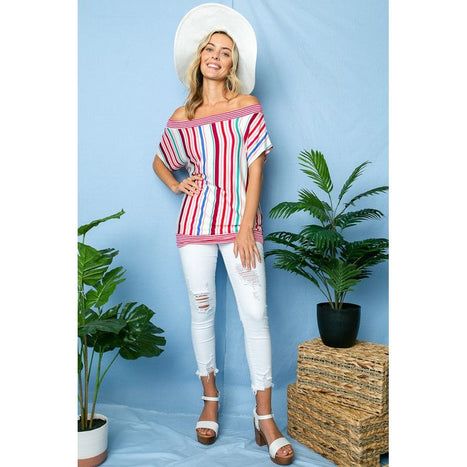 Plus Multi Stripe Off Shoulder Top