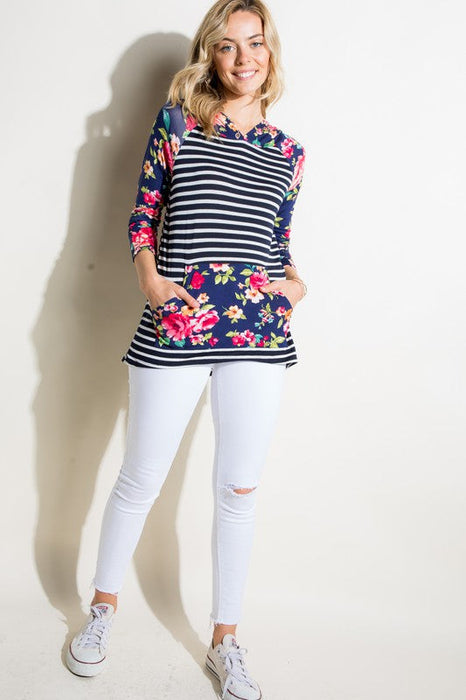 STRIPE FLORAL MIX HOODIE TOP