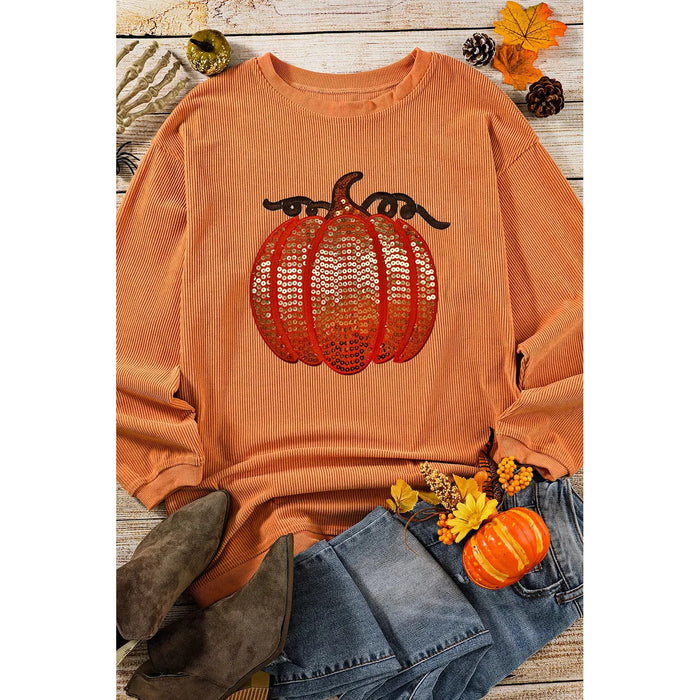 Sequin Pumpkin Round Neck Long Sleeve Sweatshirt