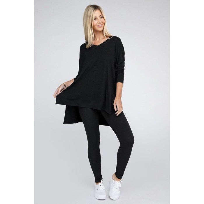 Dolman Long Sleeve V-Neck Side Slit Hi-Low Hem Top